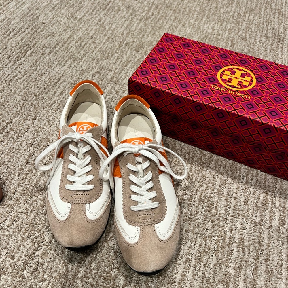 Stylish Tory Burch Tan and Orange Sneakers